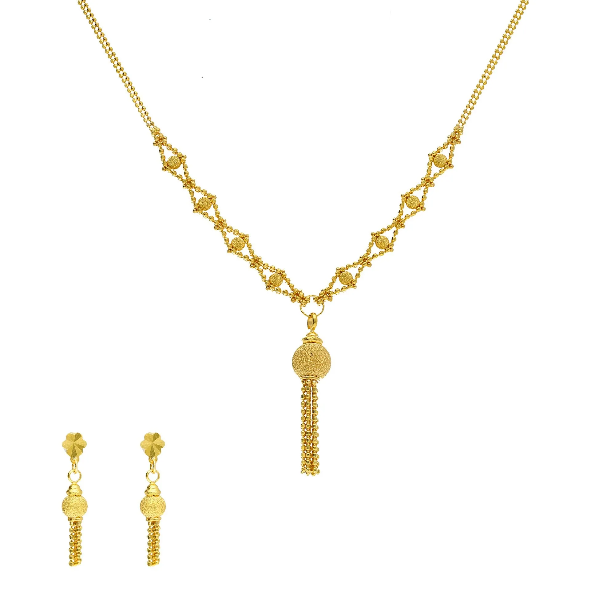 22K Yellow Gold Necklace & Earrings Set W/ Glass Blast Ball Tassel Pendants
