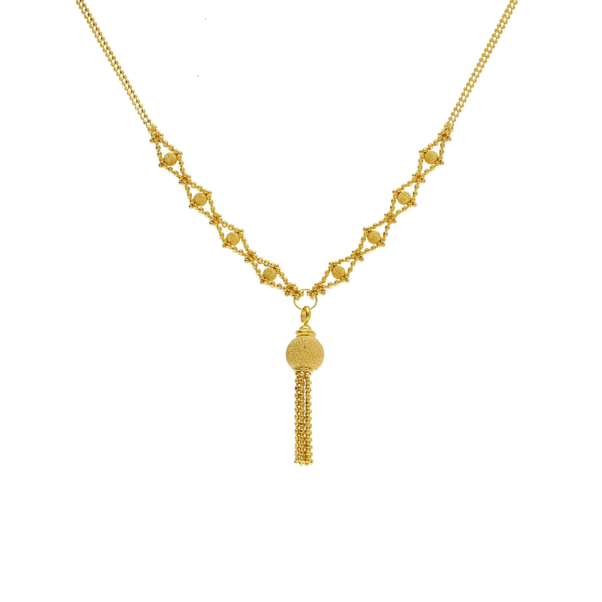 22K Yellow Gold Necklace & Earrings Set W/ Glass Blast Ball Tassel Pendants