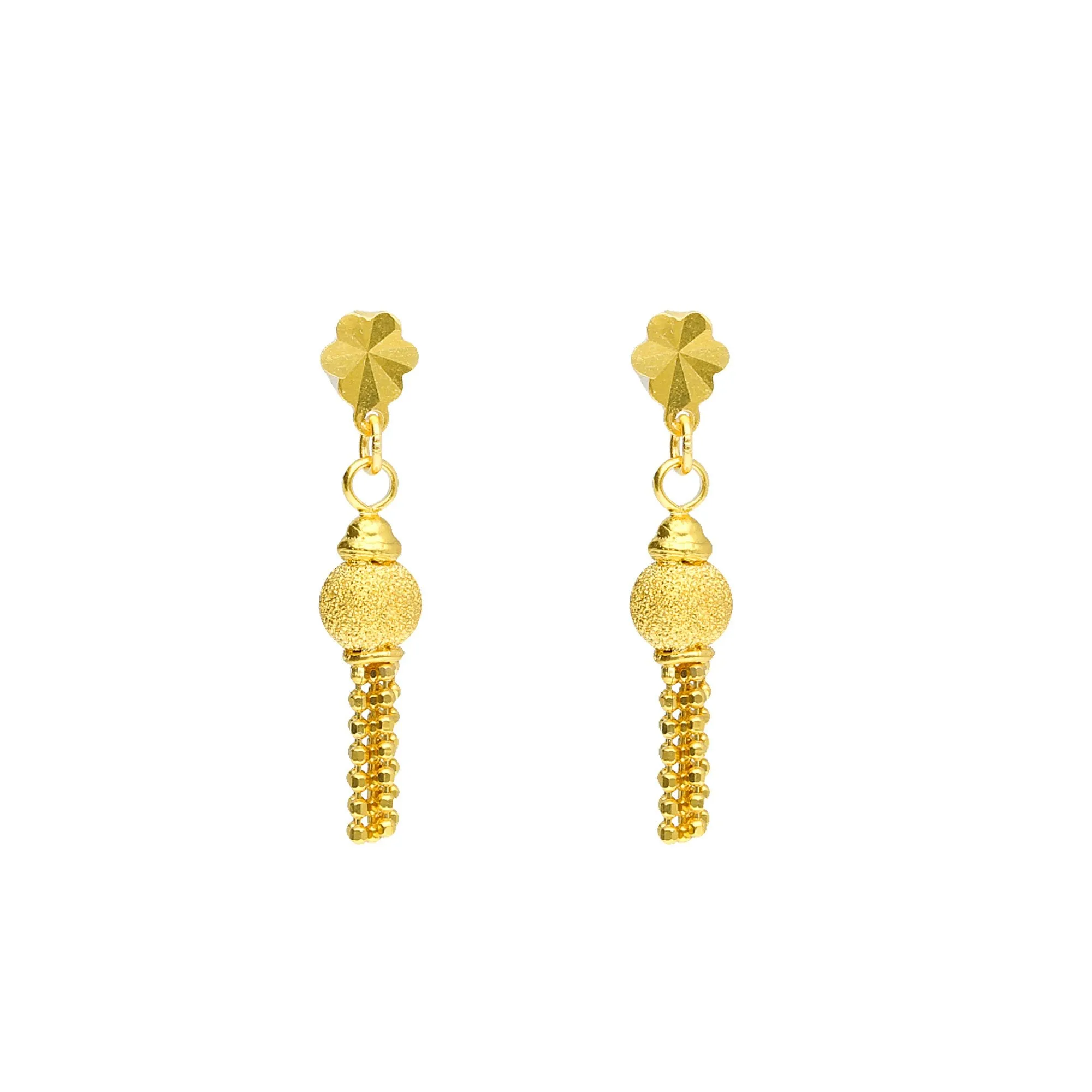 22K Yellow Gold Necklace & Earrings Set W/ Glass Blast Ball Tassel Pendants