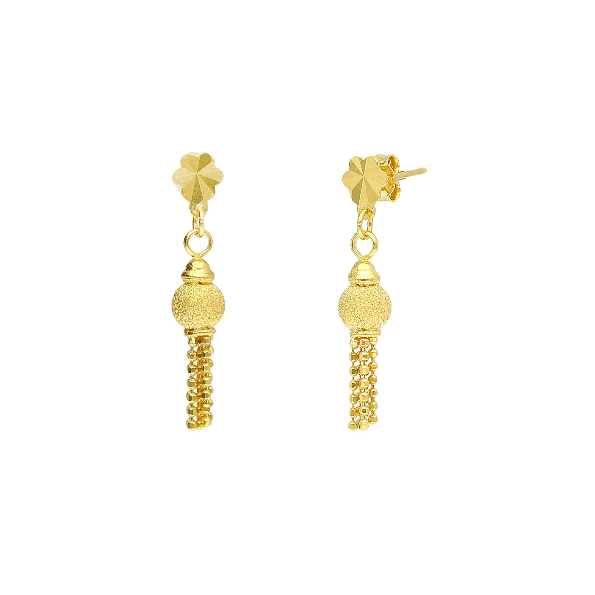 22K Yellow Gold Necklace & Earrings Set W/ Glass Blast Ball Tassel Pendants