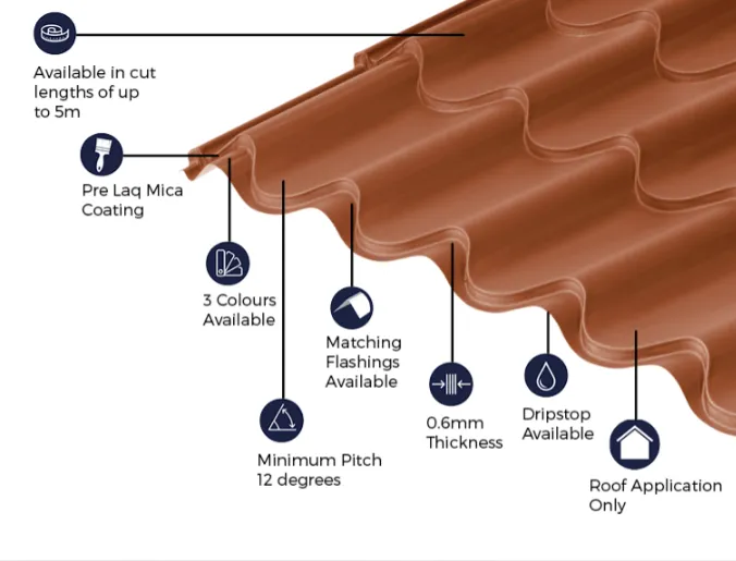 Cladco 41/1000 Tile Form 0.6 Thick Mica Coated Tile Effect Roof Sheet - Copper Brown