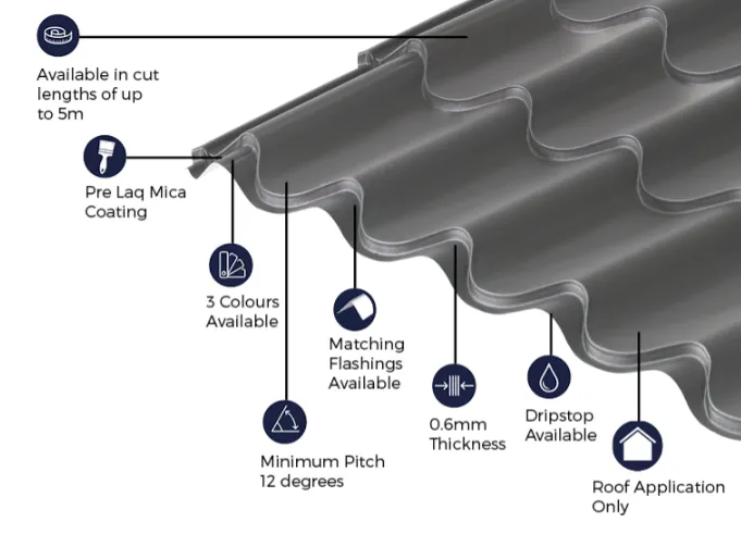 Cladco 41/1000 Tile Form 0.6 Thick Mica Coated Tile Effect Roof Sheet - Graphite Grey