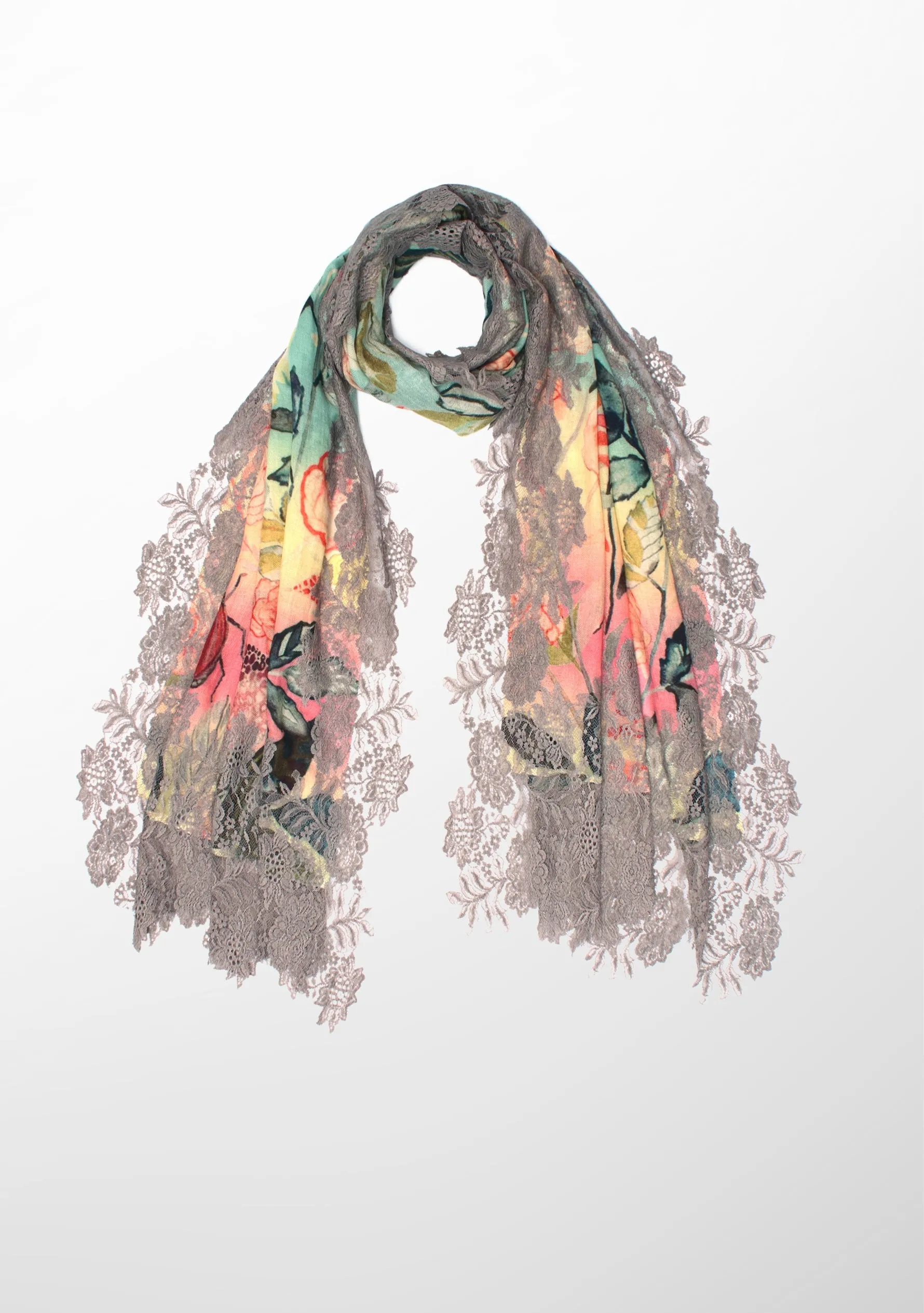 Gardenia Print Wool And Silk Scarf with a Mousse Floral Lace Border