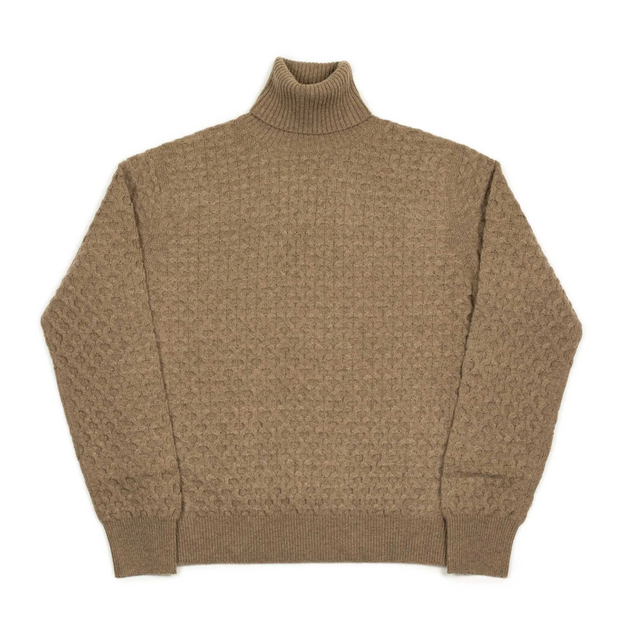 Honeycomb cable knit rollneck sweater in fawn brown wool and cashmere