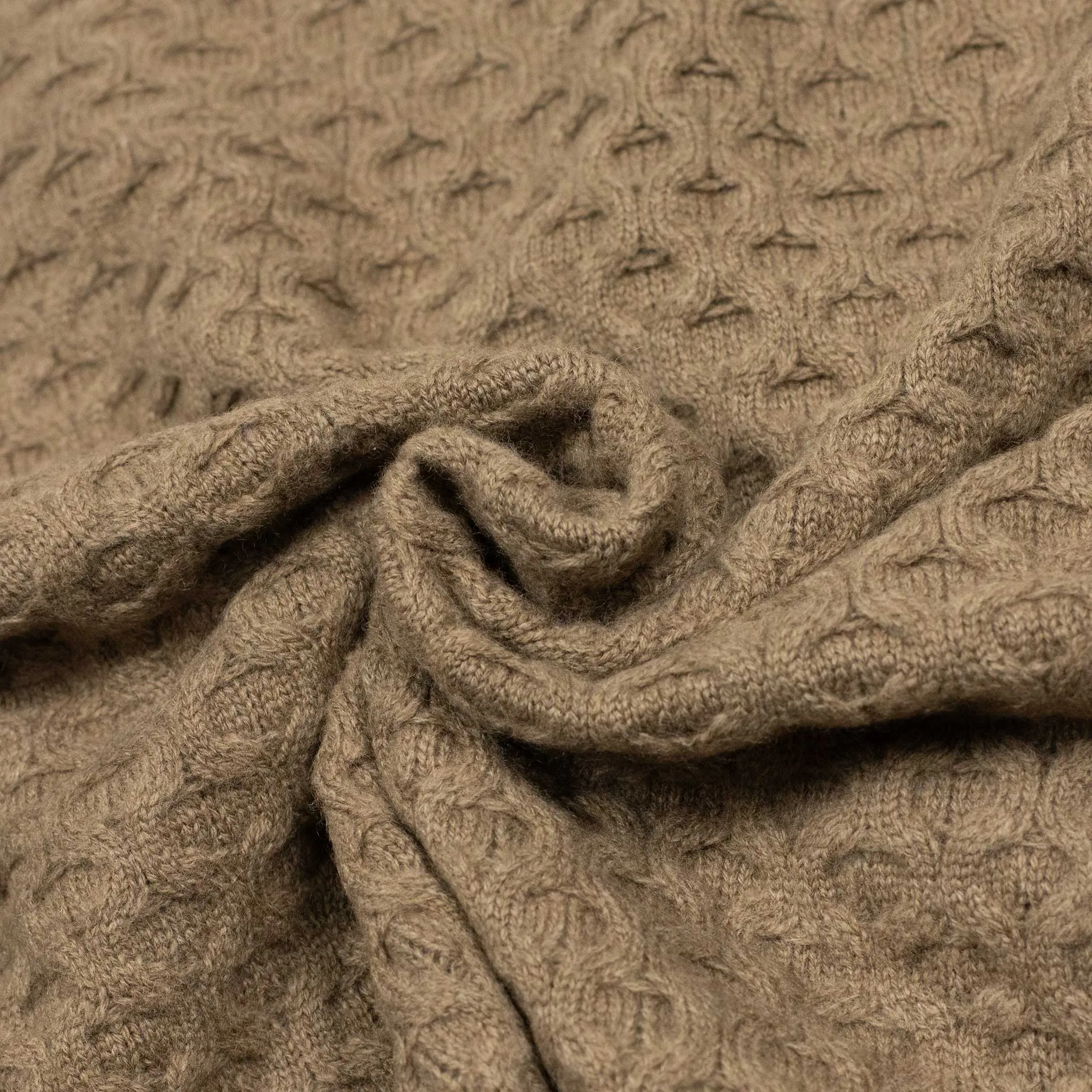 Honeycomb cable knit rollneck sweater in fawn brown wool and cashmere