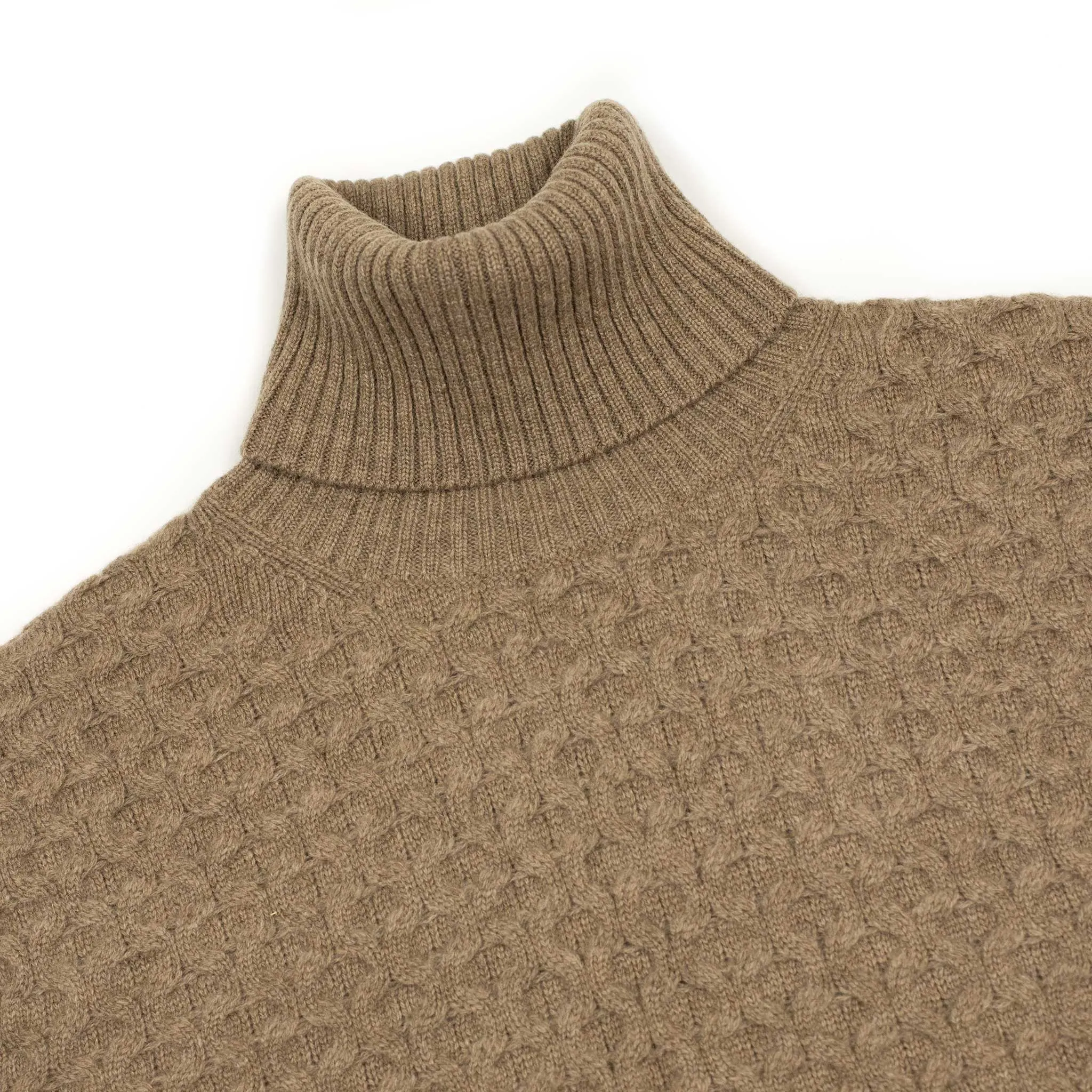 Honeycomb cable knit rollneck sweater in fawn brown wool and cashmere