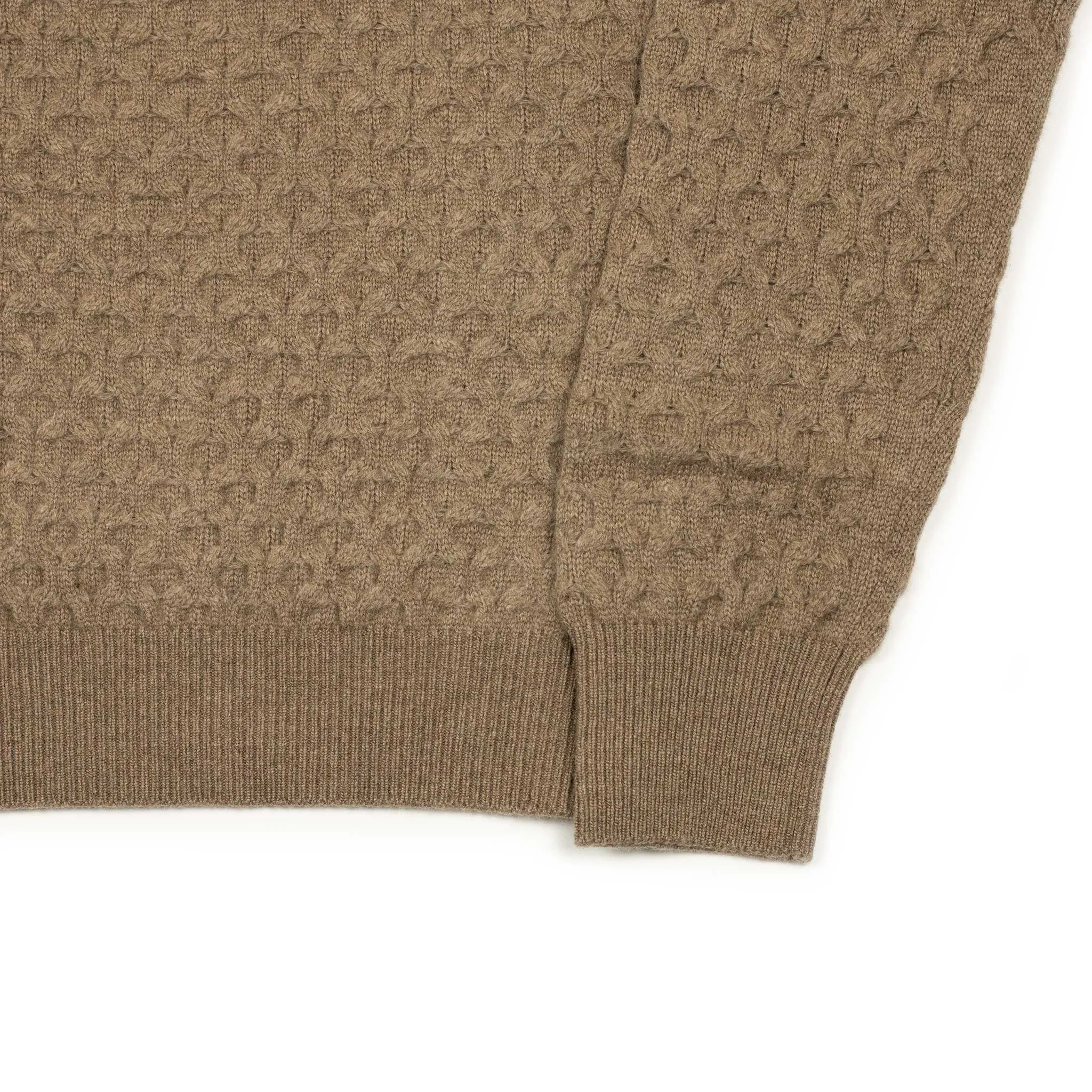 Honeycomb cable knit rollneck sweater in fawn brown wool and cashmere