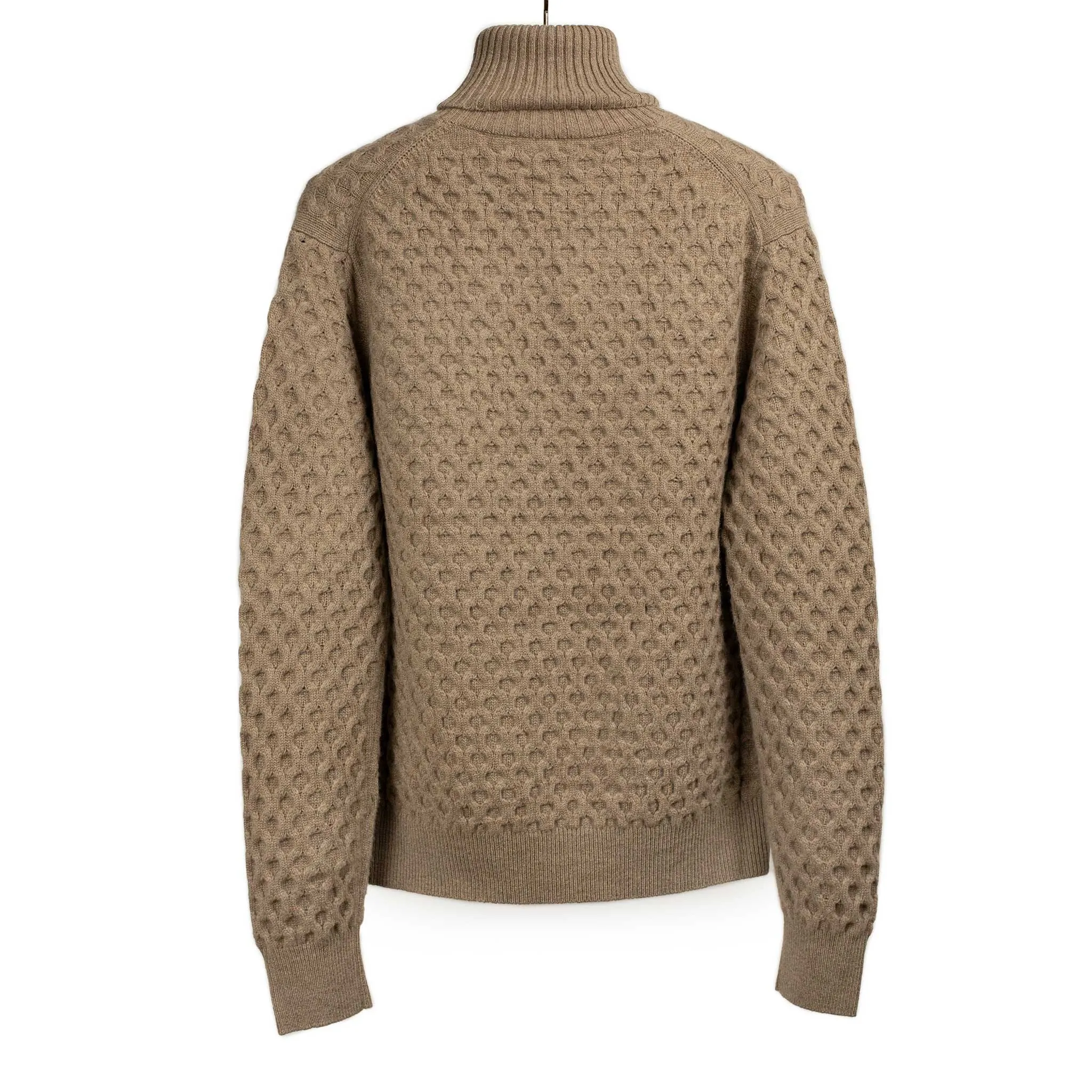 Honeycomb cable knit rollneck sweater in fawn brown wool and cashmere