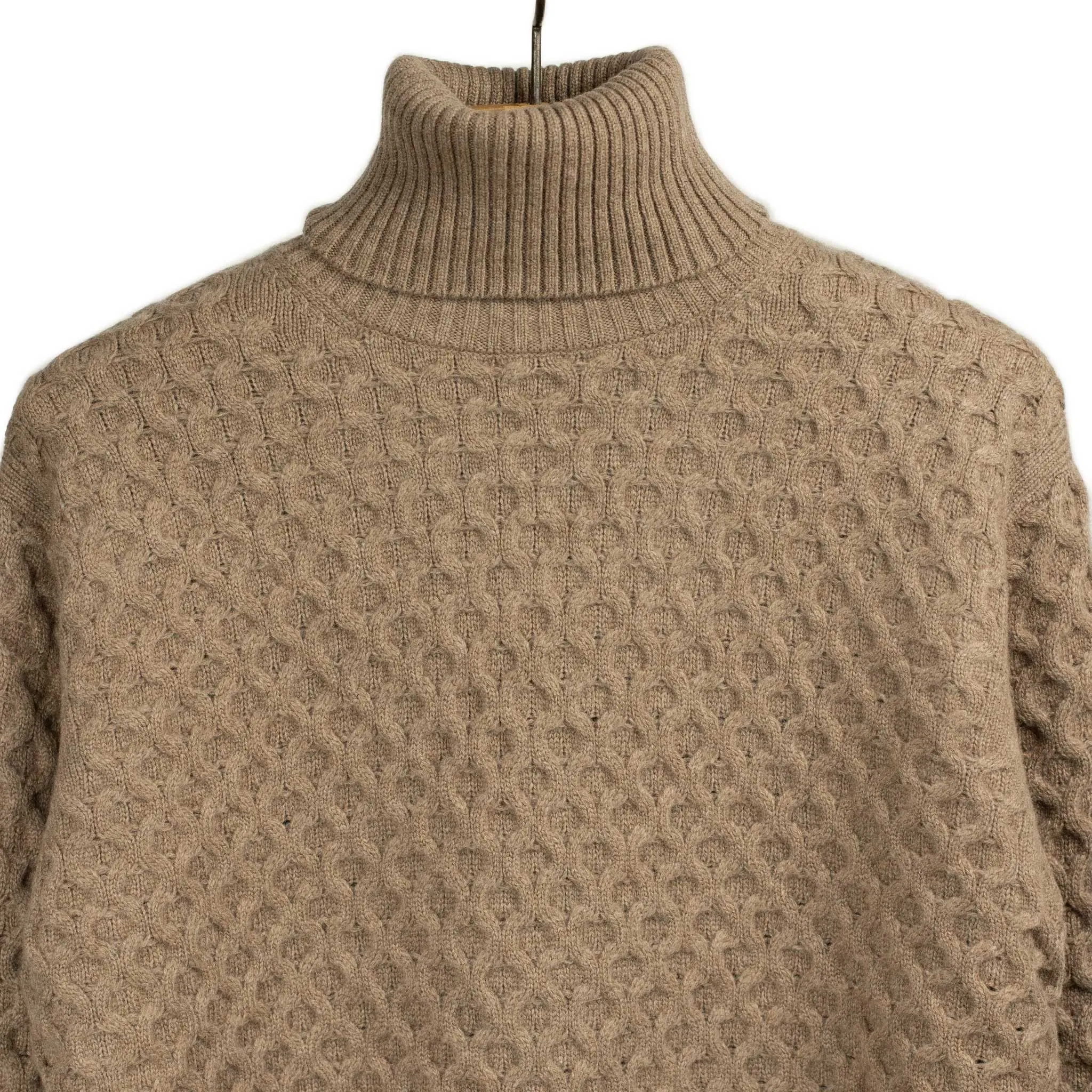 Honeycomb cable knit rollneck sweater in fawn brown wool and cashmere