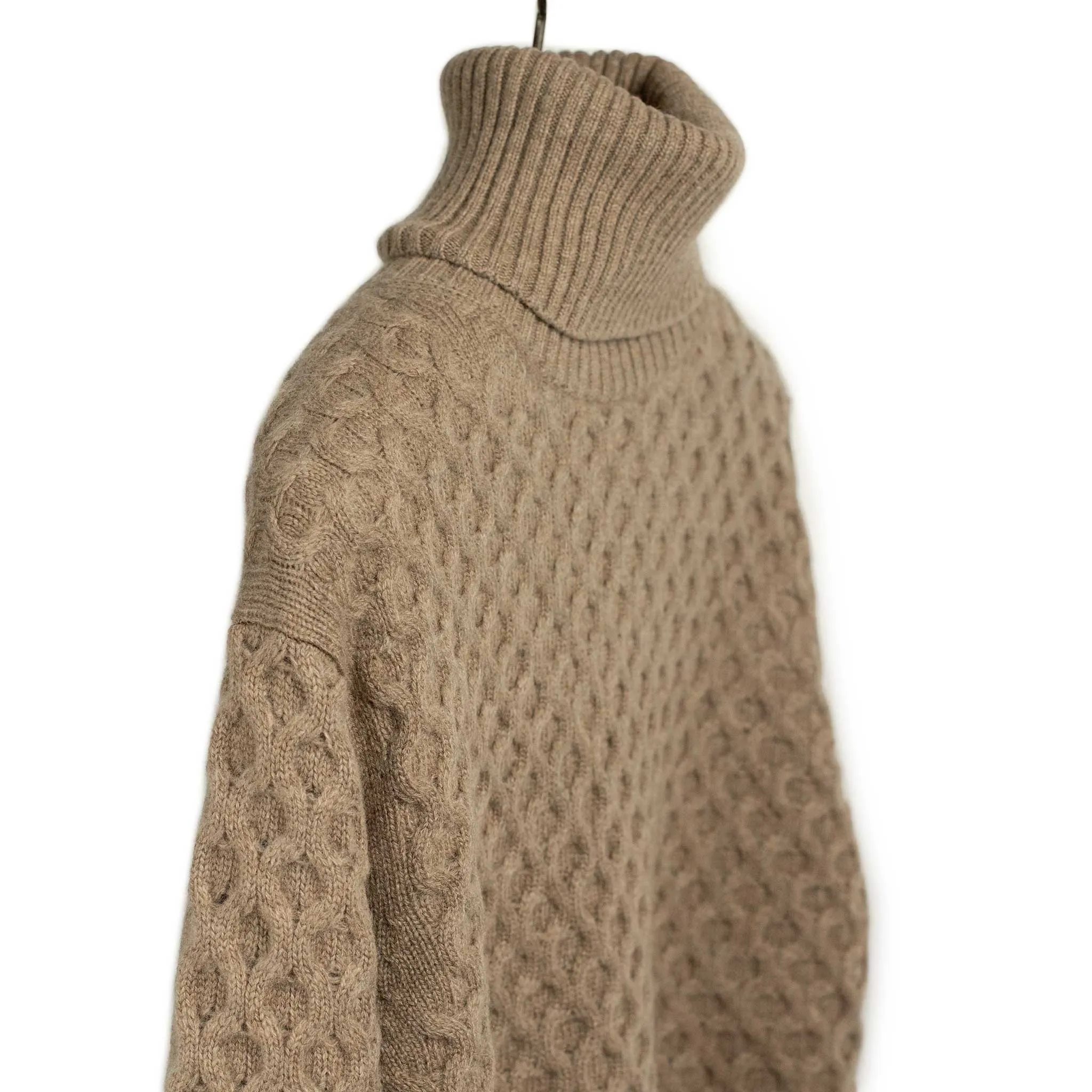 Honeycomb cable knit rollneck sweater in fawn brown wool and cashmere