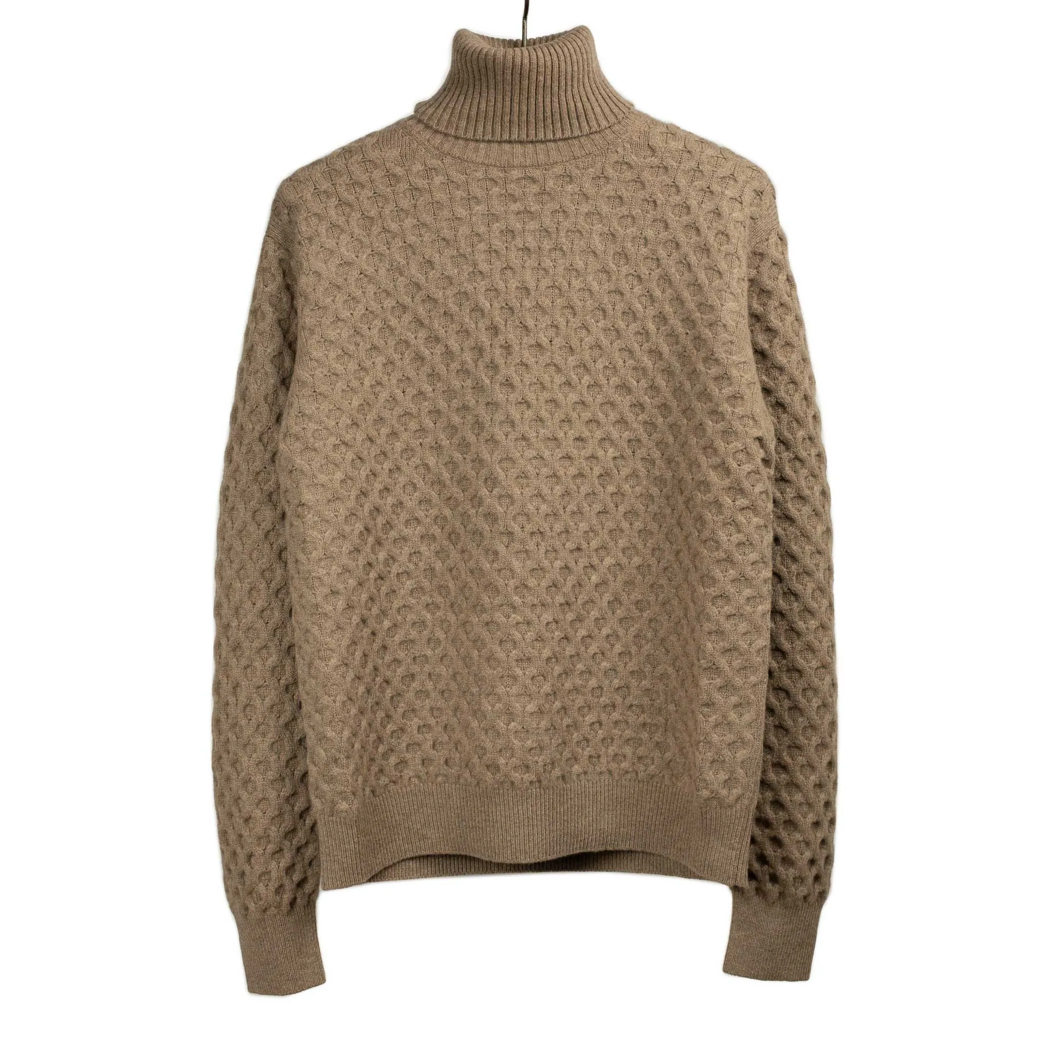 Honeycomb cable knit rollneck sweater in fawn brown wool and cashmere