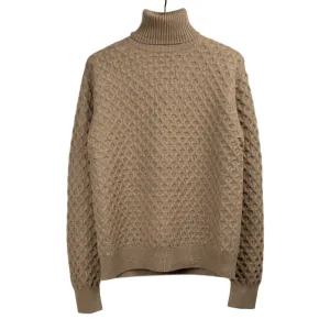 Honeycomb cable knit rollneck sweater in fawn brown wool and cashmere