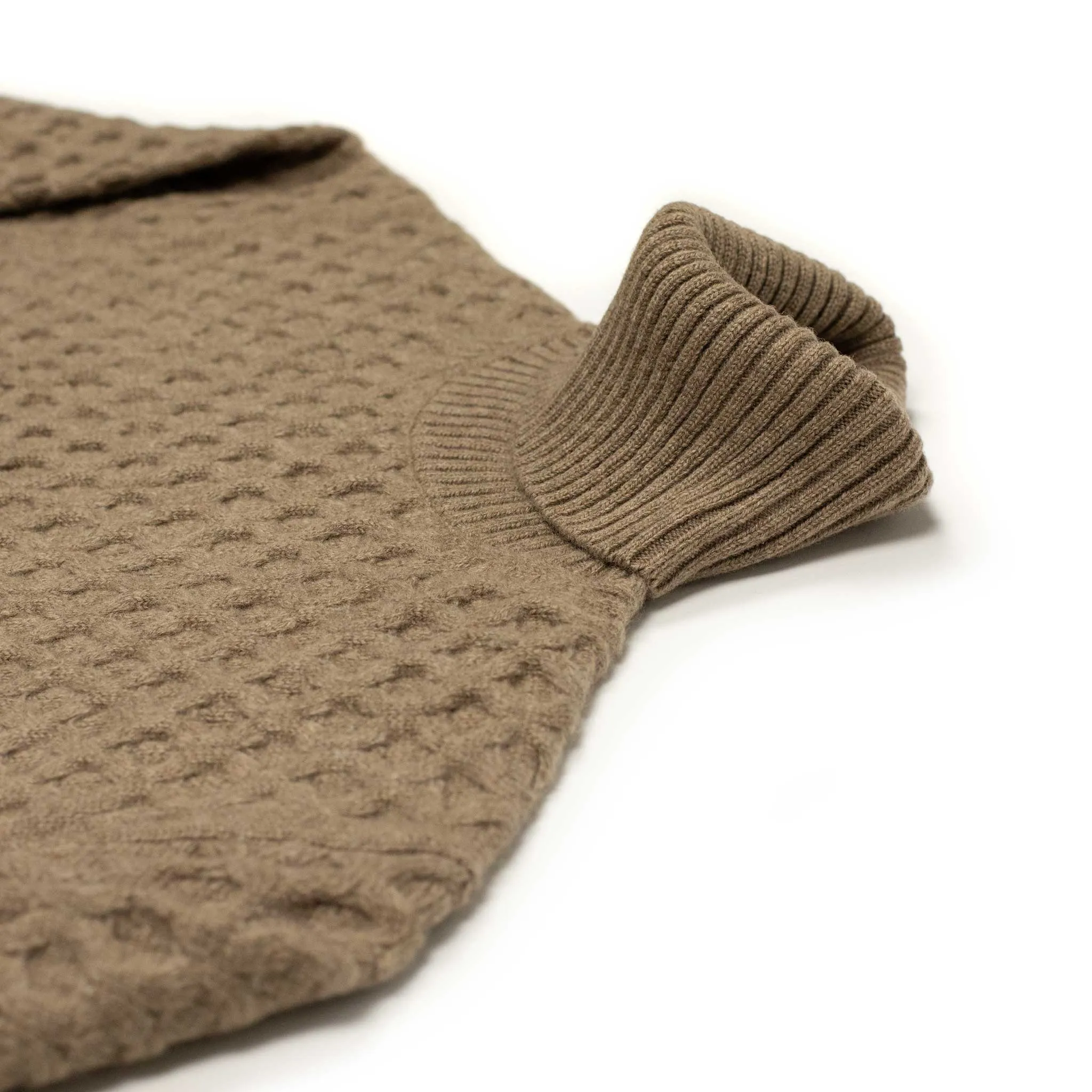Honeycomb cable knit rollneck sweater in fawn brown wool and cashmere