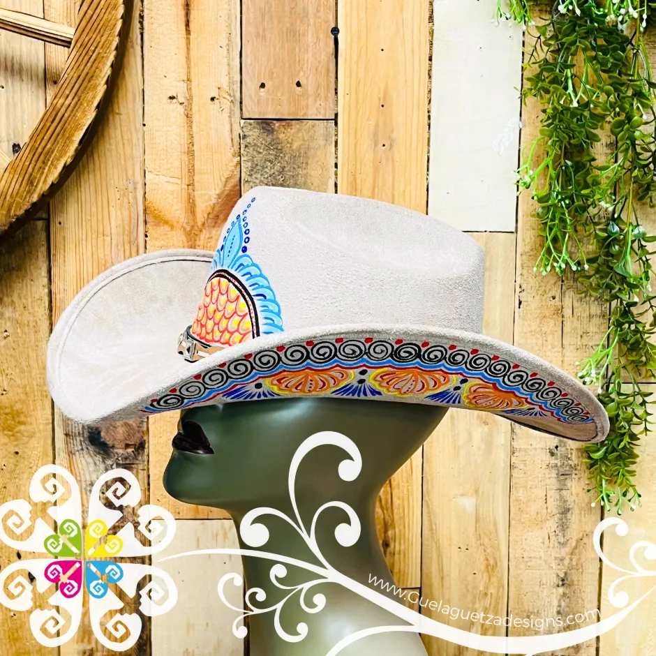 Khaki Mitla Cowboy Velvet Hat - Hand Painted Hat