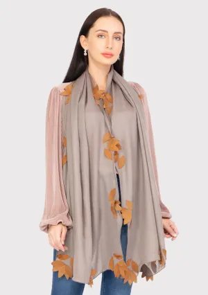 Mousse Cashmere Scarf with Brown Suede Leather Leaf Appliqués