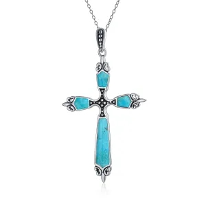 Vintage Western Turquoise Gemstone Cross Pendant Necklace in Sterling Silver
