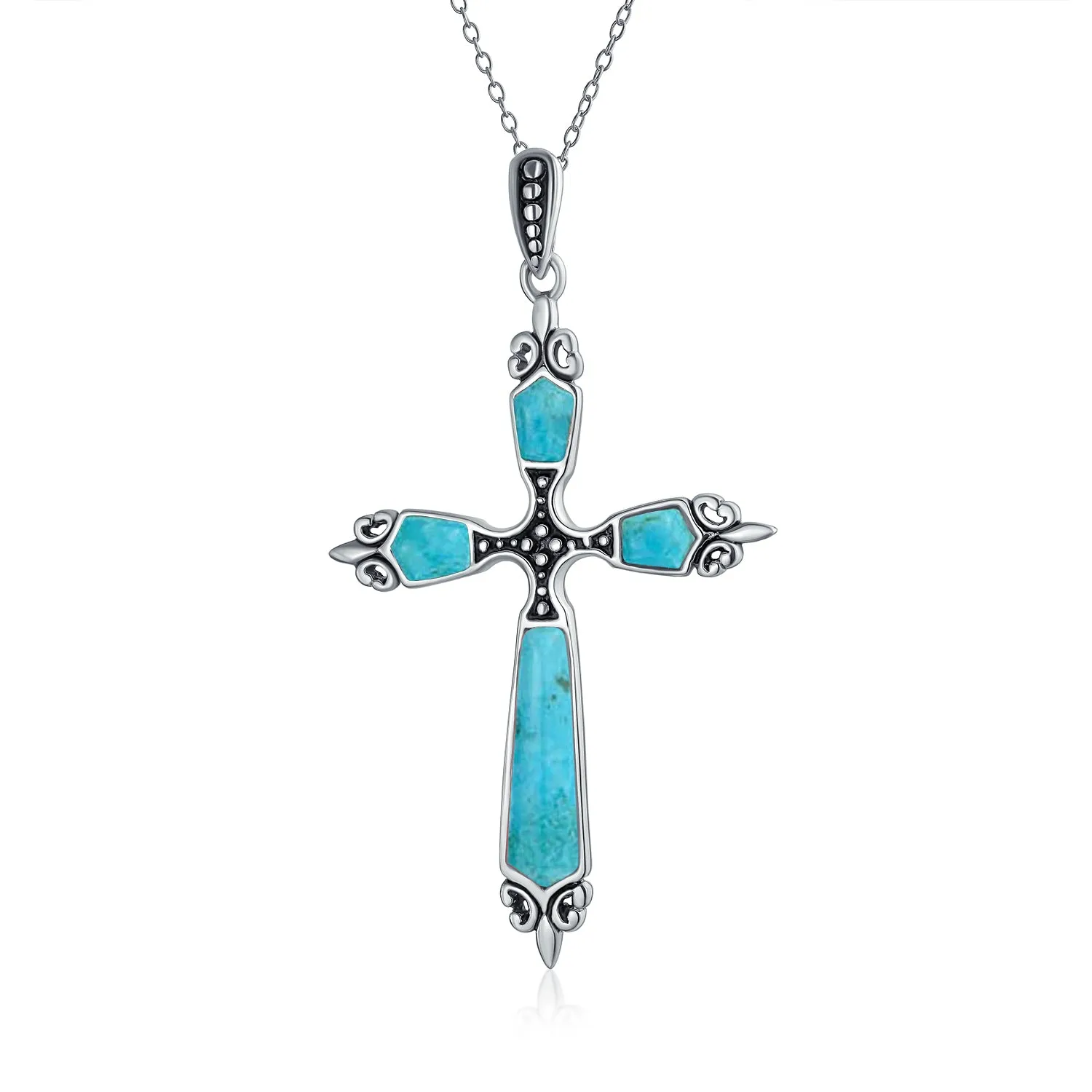 Vintage Western Turquoise Gemstone Cross Pendant Necklace in Sterling Silver
