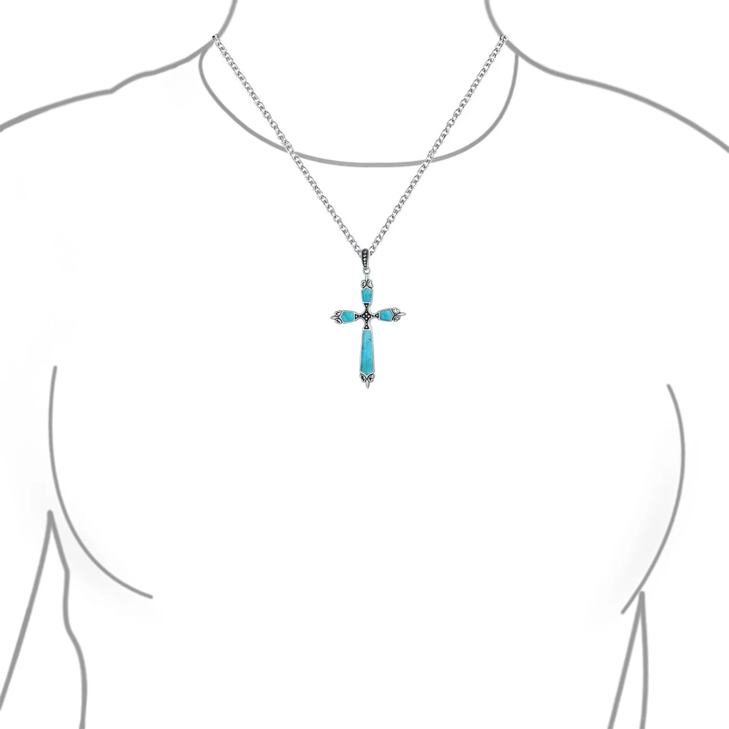 Vintage Western Turquoise Gemstone Cross Pendant Necklace in Sterling Silver